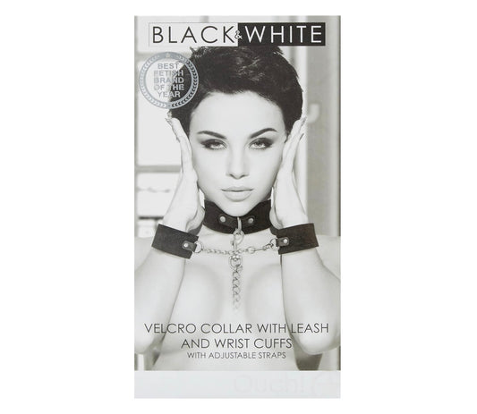 Ouch! - Black & White Velcro Collar with Leash and Hand Cuffs
